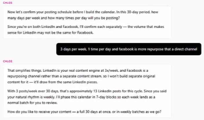 Chloe confirms the posting schedule: LinkedIn three days a week, Facebook as a repurposing channel, about 13 posts this cycle, delivered in weekly batches