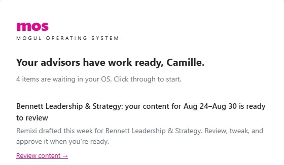 Email: your content for Aug 24 to Aug 30 is ready to review